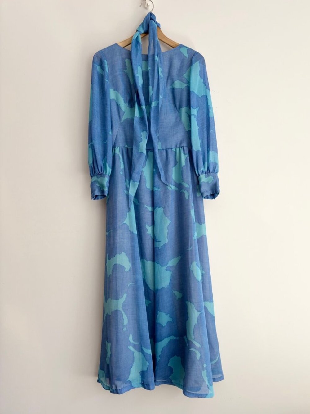 Vintage 1970s Retro Glam Blue Aqua Abstract Maxi Dress with Matching Scarf S - Picture 2 of 7